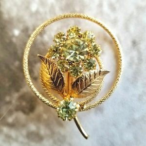 Vintage pin lemon yellow rhinestone brooch flower floral